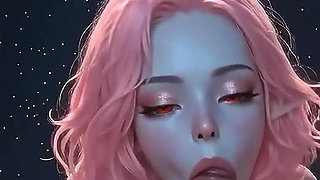 Pink-haired AI elf gives a blowjob, does a titjob, rides cowgirl-style, and ends up with cum dripping from her mouth
