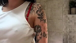Beautiful Brunette with Big Tits in the Bathroom Takes Her Red Satin Thong to Flash Her Tight Meaty Pussy and Naked Ass