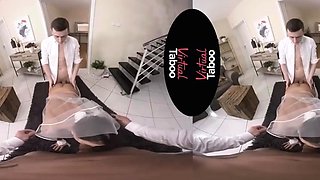 Sexy dark-haired bride gives her husband and father a