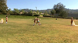 Girl's football turned into a hot foursome lesbian teens rough sex party