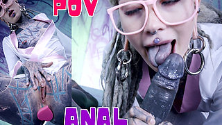 Tattood Girl with Glasses and Buttplug Fucks a Tattooed Dick, DP, Facial