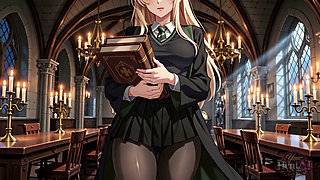 Draconia Malfoid has an affair in the library of her magic school.