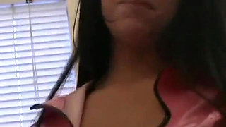 Busty brunette Chloe James strips in lingerie in front of a camera