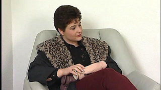 Short haired brunette wearing stockings while sucking and riding dick at casting