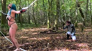 Extreme outdoor lesbian BDSM training for big boobed slave