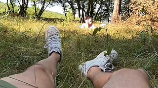 Cumshot flash for a girl tanning at the sun