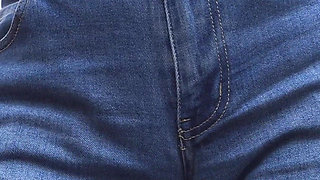 MILF Teasing Her Big Cameltoe in Blue Jeans Outdoors