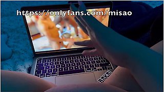 Playing with my heavy tits and masturbating to a wild gangbang
