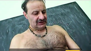 Janitor hitting on a young college girl in front of a dirty teacher