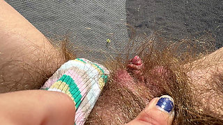 Amateur Hairy Girl Mastubates in Closeup with Huge Clit