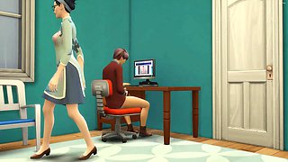 Asian step-mother catches her sonnie again fingering in his room watching a xxx video in front of the computer and she decided to help him by having sex with him
