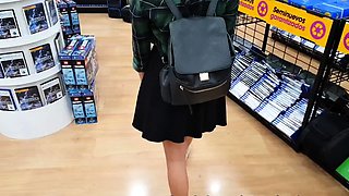 Geek teen girl suck my big dick in a public fitting room -