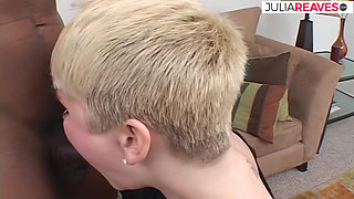 Blonde babe gets pussy thrusted hard by a monster black cock