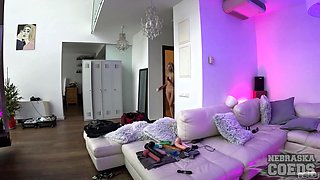 Steamy Towheaded in Underwear Does Striptease and Fake penis Have fun