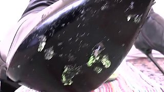 Smoking MILF Mistress Lady Victoria Valente POV - German Femdom Crushes Green Jelly Dessert With Leather Boots
