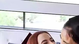 Busty teen gives him a deep suck off until they both reach