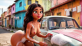 Hot Slim Favelada with Huge Ass Washes Car Wearing Tiny Wet Bikini Then Gets Fully Naked Covered in Thick Foam