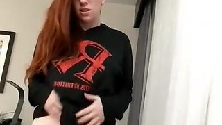 Pale Redhead Cums Hard on Hotel Couch