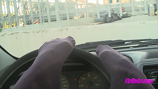 Nyllady's Footjob to Gearshift and Wheel in Patterned Pantyhose