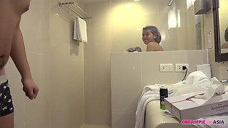 Thai girl threesome with creampie finish
